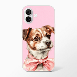 Cute dog illustration on pink retro iPhone case for 13-16, slim matte TPU cover.