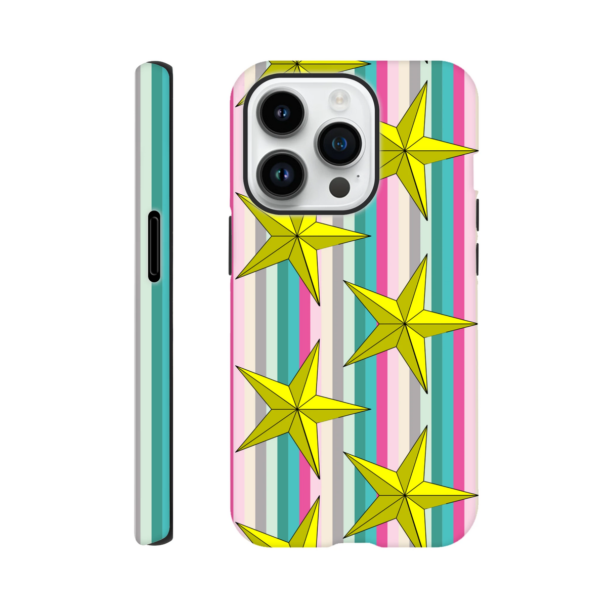 Retro iPhone case with yellow stars on colorful vertical stripes, featuring tough TPU protection for daily commutes and outings.