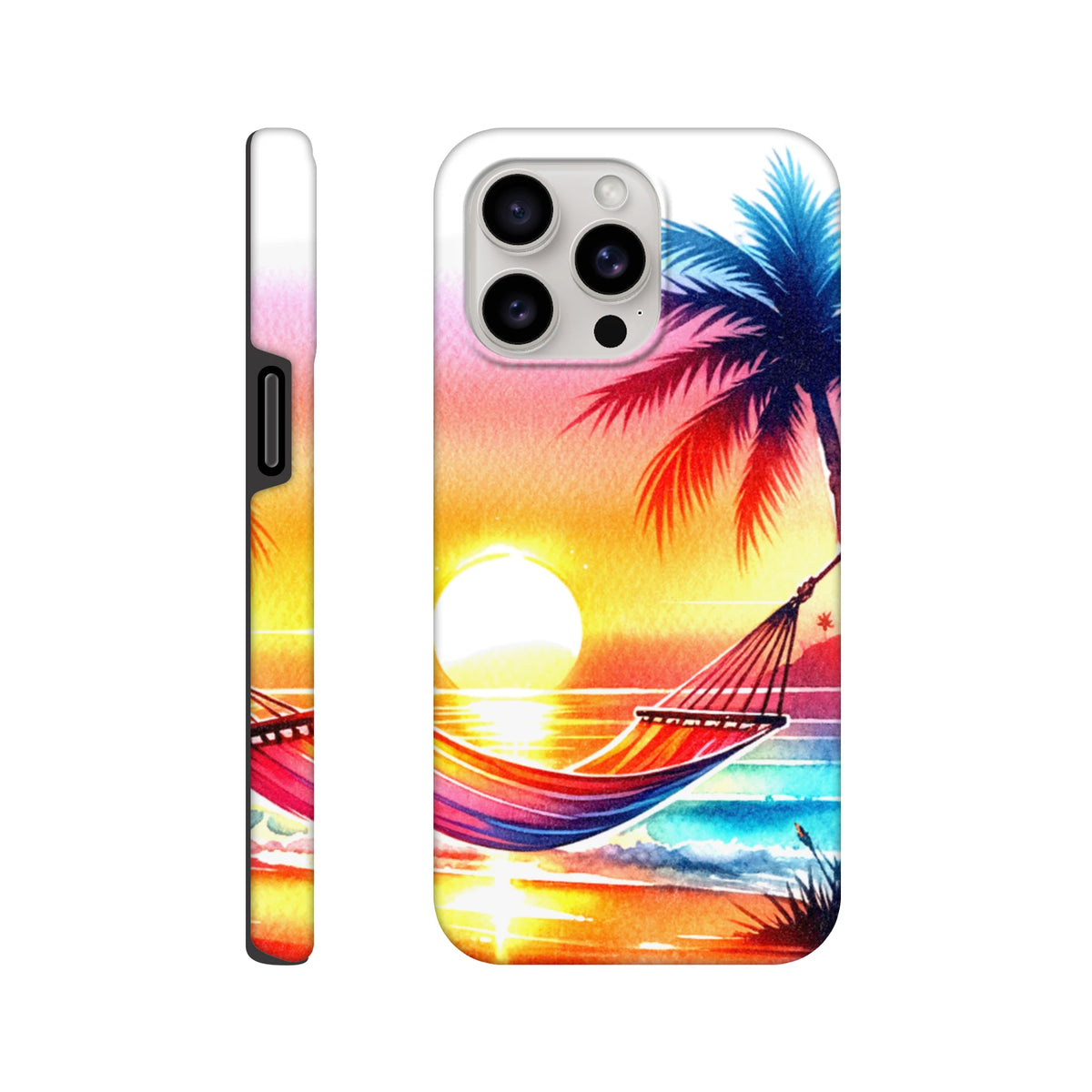 Vibrant tropical sunset iPhone case featuring a palm tree and hammock graphic with shock-absorbing protection for daily carry.