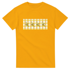 Yellow women's T-shirt with banana gingham print on front