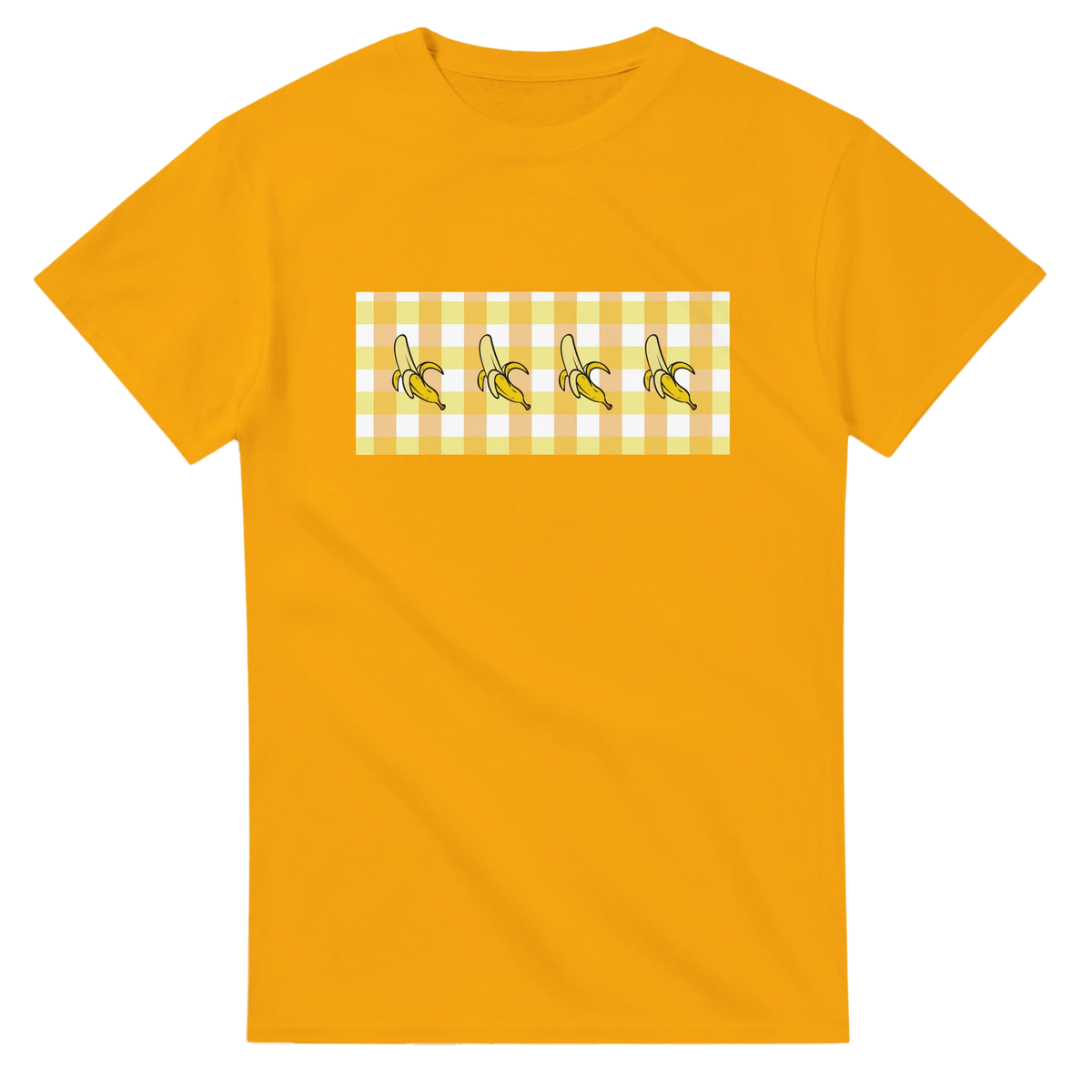 Yellow women's T-shirt with banana gingham print on front
