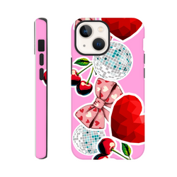 Pink iPhone case featuring sticker art of cherries, a heart bow, and disco balls for Y2K style protection.