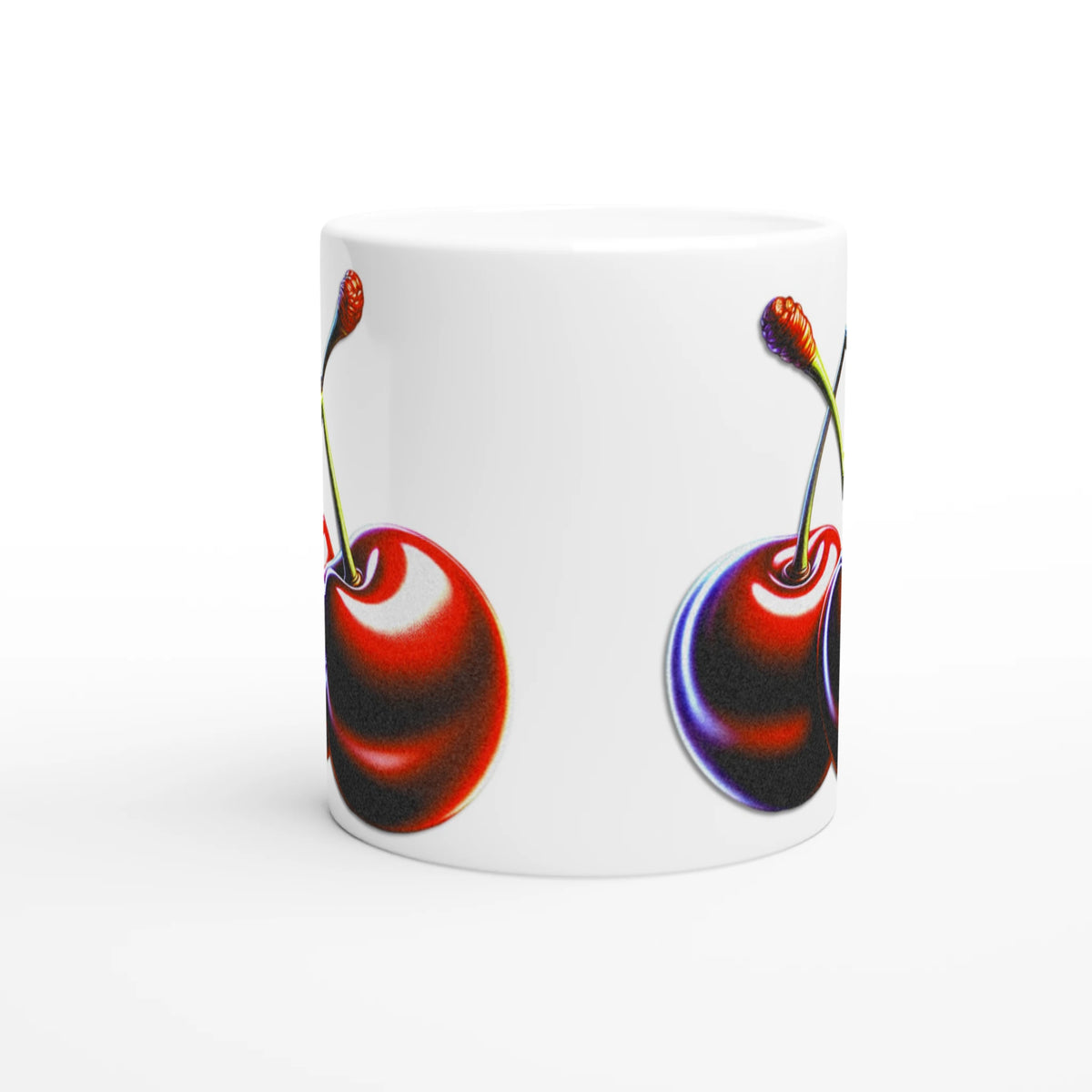 White ceramic mug with retro cherry design, colorful and playful for coffee or tea.