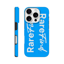 Rare Find blue tough iPhone case featuring bold vertical white slogan text and speckled texture for streetwear style.