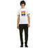 Male model in white Pride LGBTQ graphic T-shirt with rainbow square design, soft cotton blend.