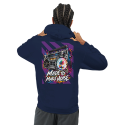 Man wearing navy hoodie featuring retro boomback graphic with palm tree and "Made to Make Noise" text on the back.