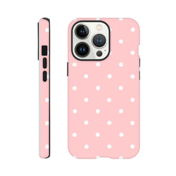 Pastel pink and white polka dot tough iPhone case with dual-layer shock absorption for models 13-16.