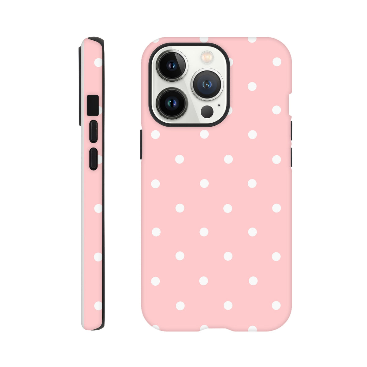Pastel pink and white polka dot tough iPhone case with dual-layer shock absorption for models 13-16.