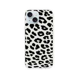 Retro Snow Leopard iPhone Case (13-16) with black leopard spots on light gray, animal aesthetic cover.