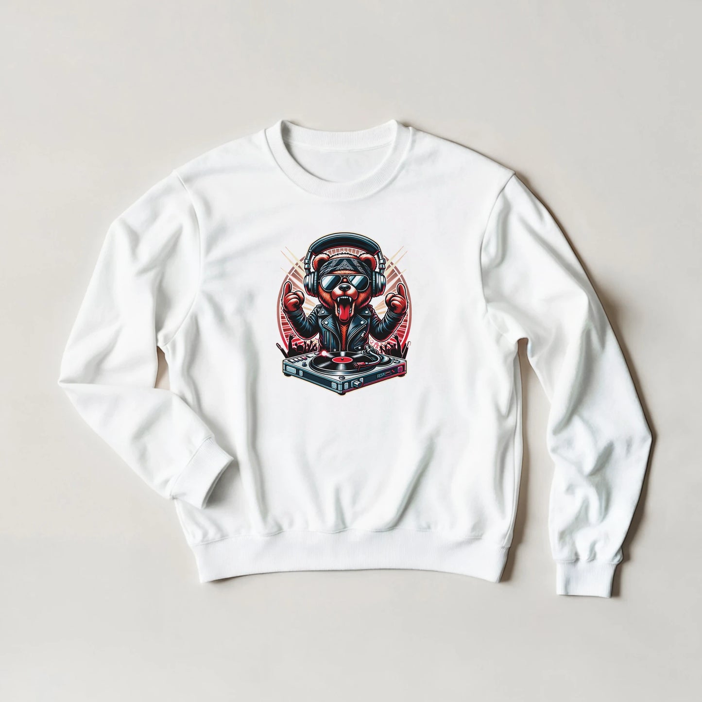 White men's graphic sweatshirt with a graphic design of a bear on headphones and a record player on a light gray background
