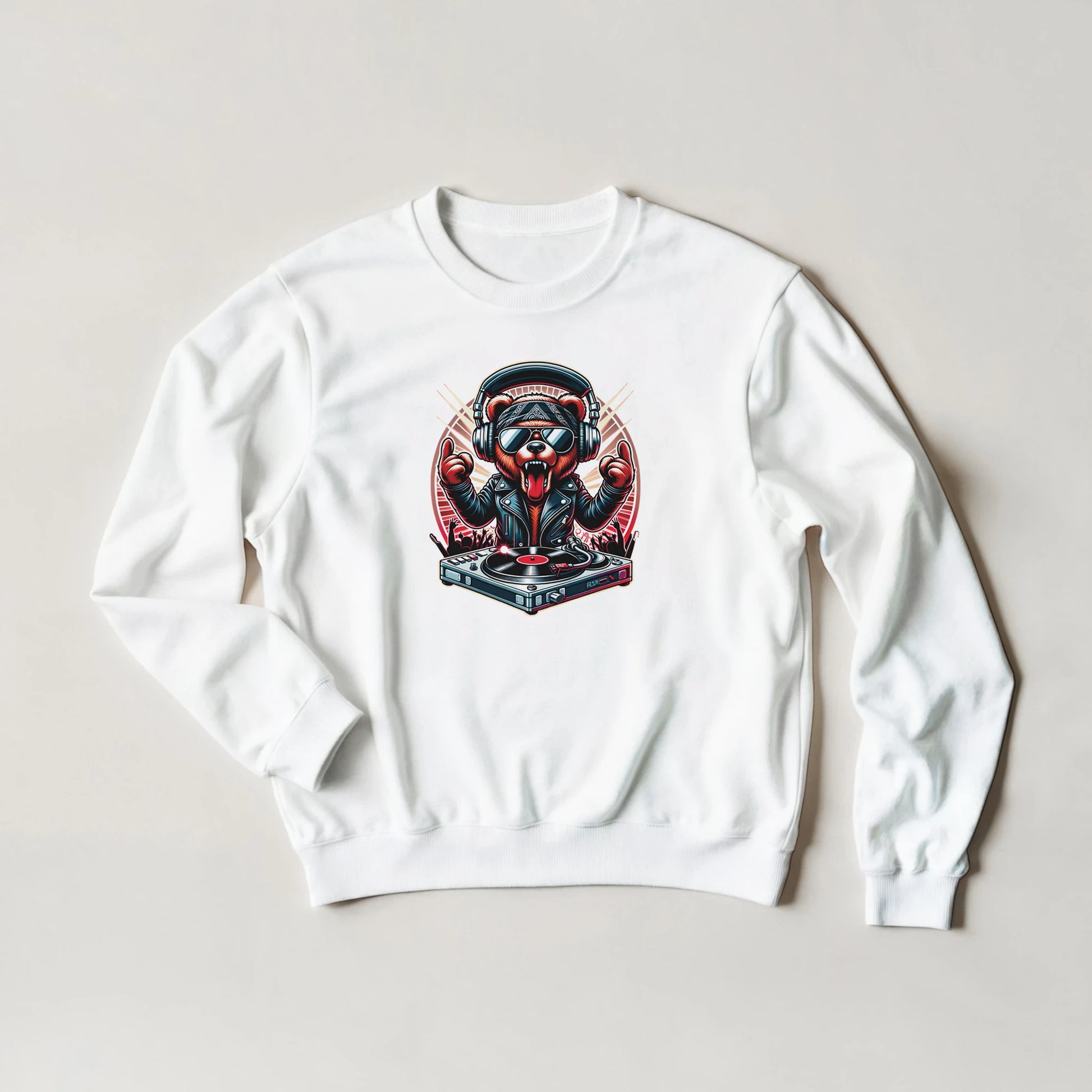 White men's graphic sweatshirt with a graphic design of a bear on headphones and a record player on a light gray background