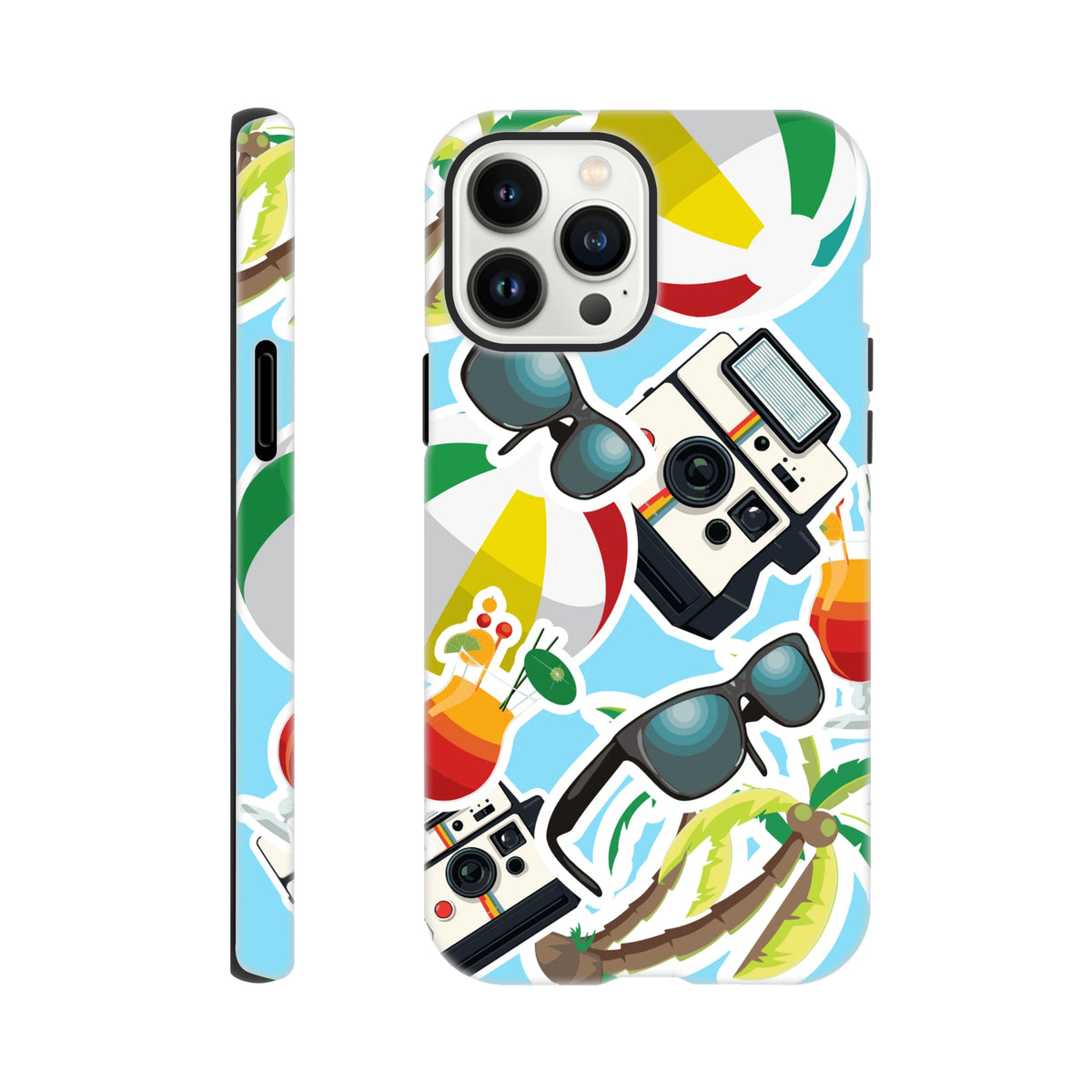 Blue summer holiday sticker effect iPhone case featuring palm trees, vintage cameras, sunglasses, and beach balls on a light blue background.