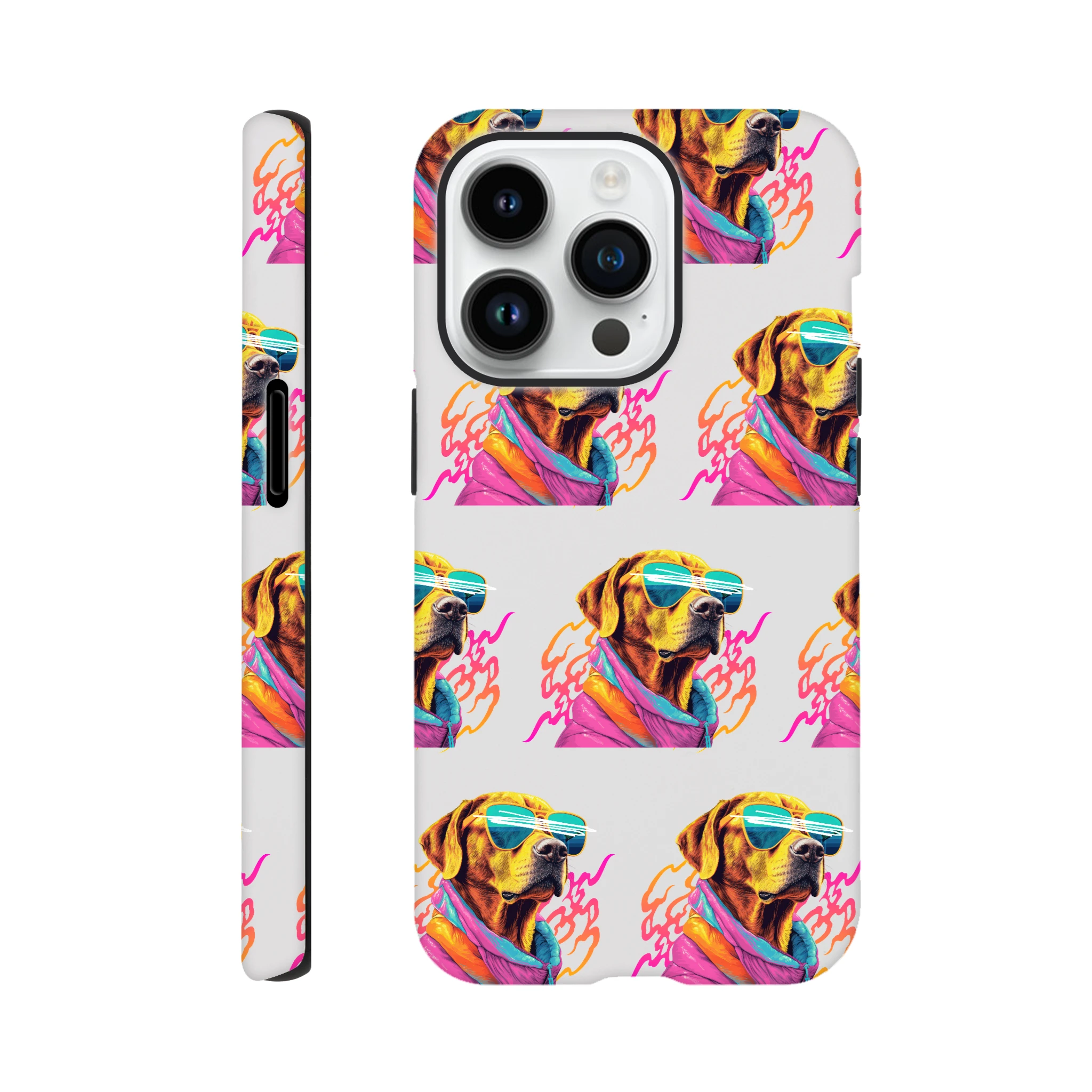 Dual-layer tough protective iPhone case for 16/15/14/13 with wraparound print of neon dogs wearing sunglasses.