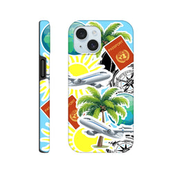 Travel sticker tough iPhone case featuring palm trees, airplanes, passports, and compass graphics for a bold island vibe.