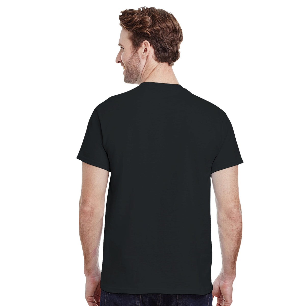 Back view of black cotton-blend men's motorcycle club T-shirt, crew neck, sizes S to XL.