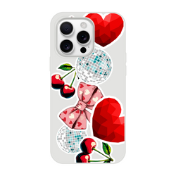 Y2K iPhone case featuring transparent sticker decals of red cherries, disco balls, pink bows, and faceted red hearts.