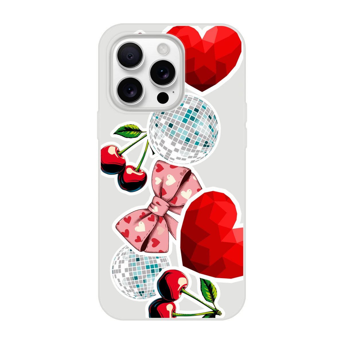 Y2K iPhone case featuring transparent sticker decals of red cherries, disco balls, pink bows, and faceted red hearts.