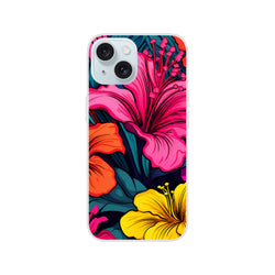 Vibrant tropical hibiscus floral iPhone case (slim matte finish) for 13-16 with pink, orange, and yellow blossoms.