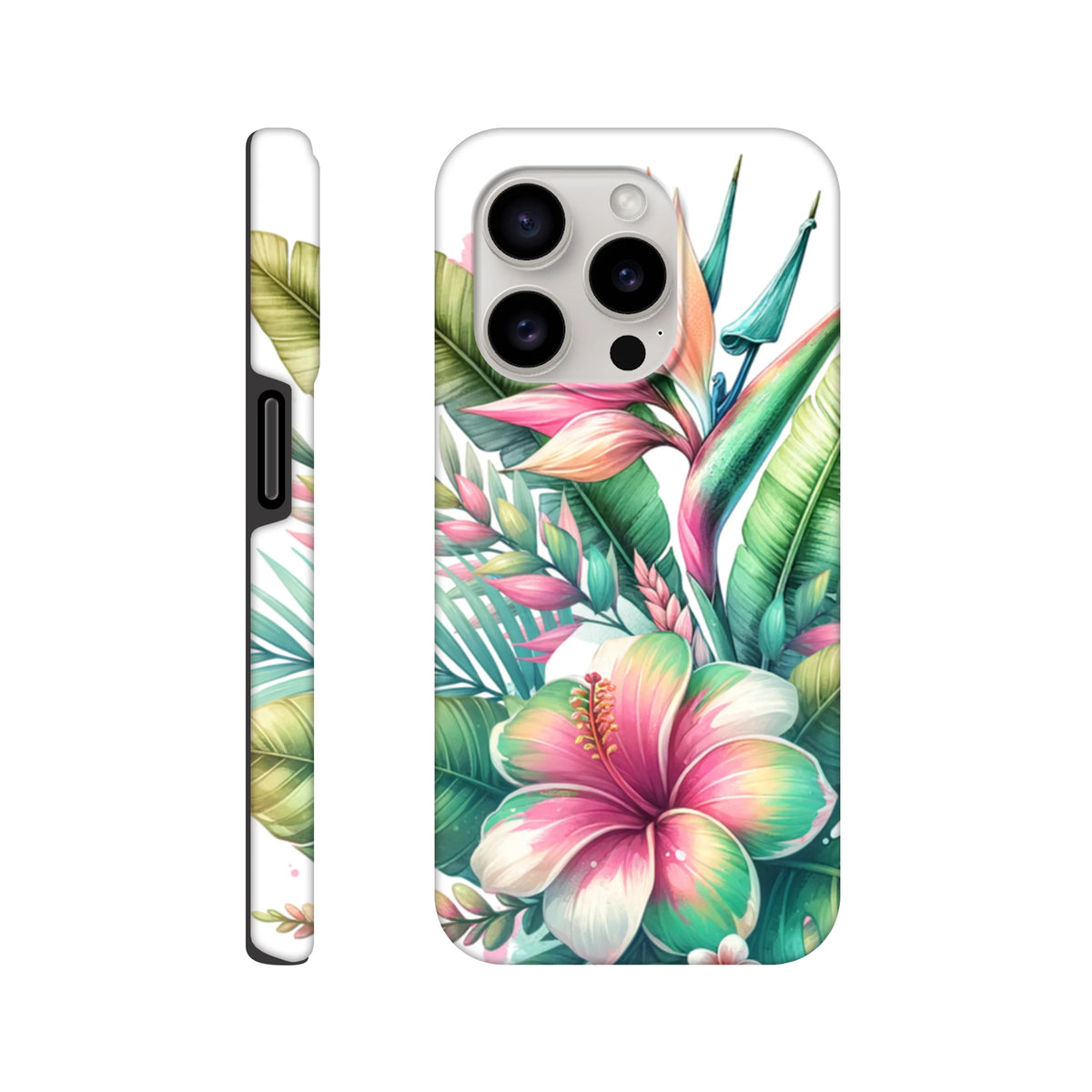 Tough floral phone case featuring a vivid pink hibiscus and green tropical leaves wrapped around the edges for impact-resistant protection.