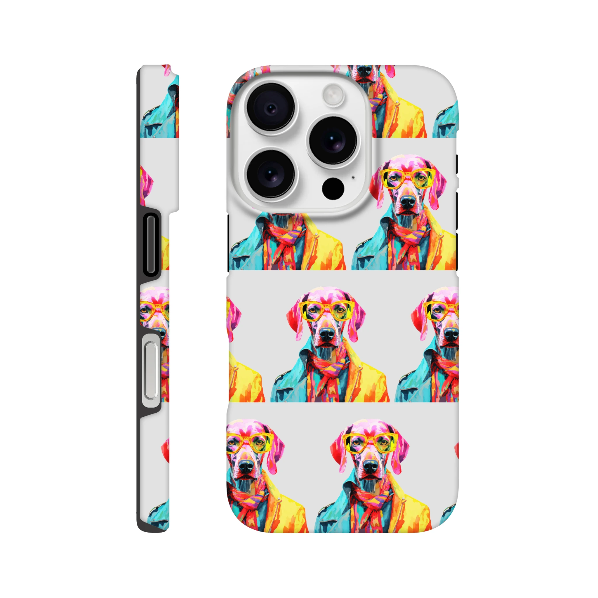 Colorful dog-pattern phone case with wraparound print for iPhone 16/15/14/13; dual-layer protective, glossy finish.