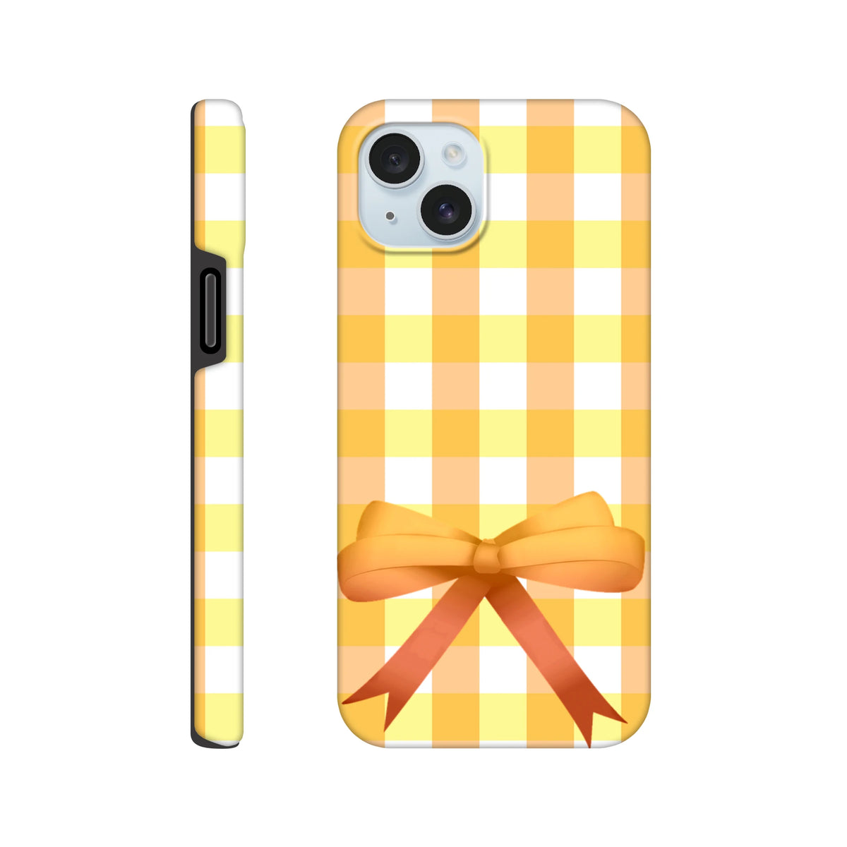 Yellow gingham iPhone case featuring a 3D orange bow, vintage grid pattern, and coquette street style aesthetic for tough protection.