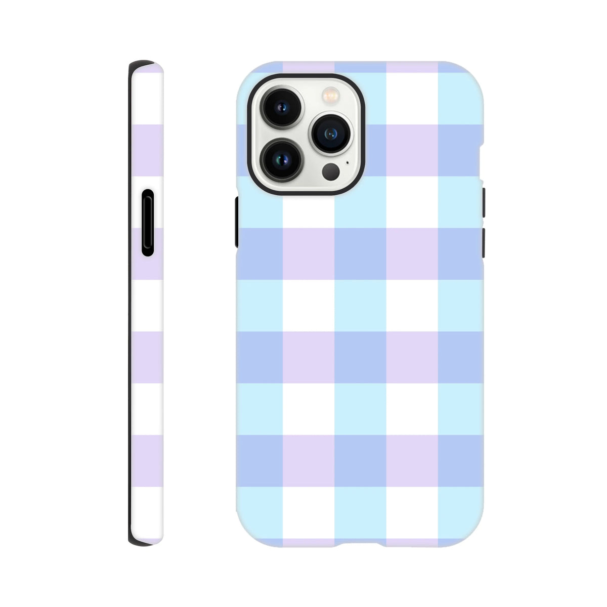 Pastel blue and lavender gingham tough iPhone case with cute checkered pattern and shock-absorbing protection.