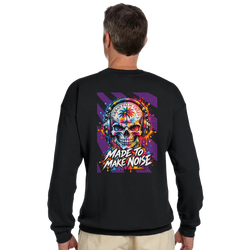 Black crewneck sweatshirt featuring a colorful skull wearing headphones with "Made To Make Noise" graphic on the back.