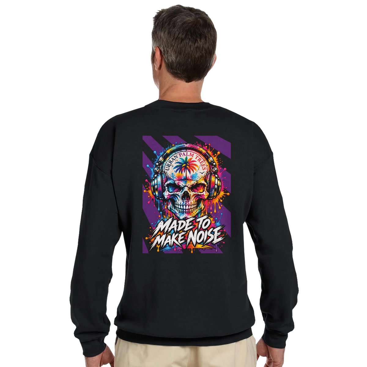 Black crewneck sweatshirt featuring a colorful skull wearing headphones with "Made To Make Noise" graphic on the back.
