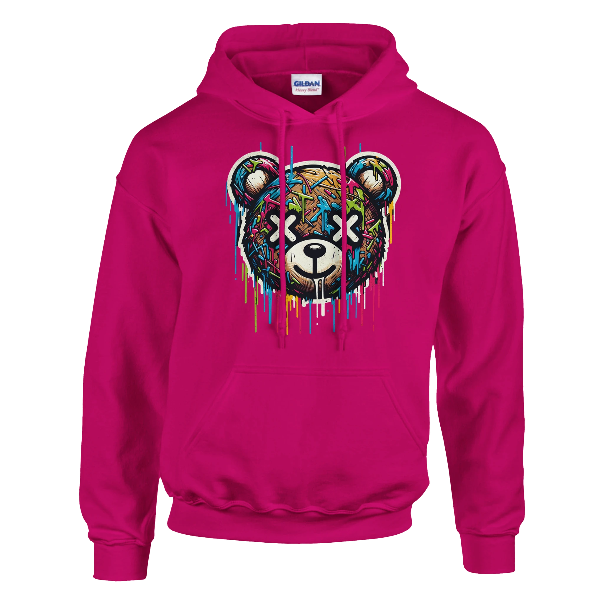 Pink men's teddy bear hoodie featuring a colorful graffiti-style dripping bear graphic.