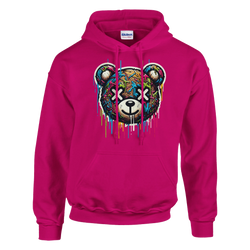 Pink men's teddy bear hoodie featuring a colorful graffiti-style dripping bear graphic.