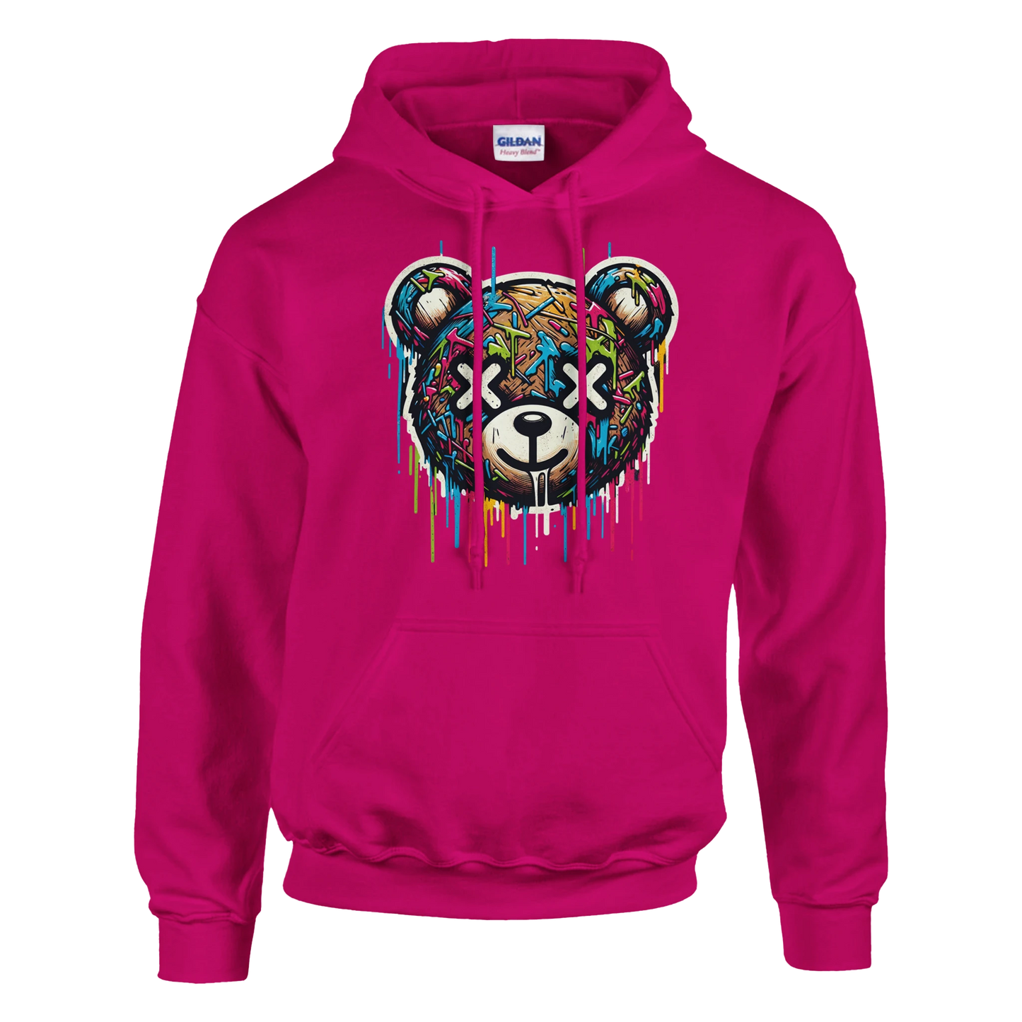 Pink men's teddy bear hoodie with a colorful bear graphic on a white background