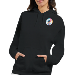 Black women's hoodie featuring a retro circular palm tree logo on the chest and a front pouch pocket for relaxed tropical streetwear.
