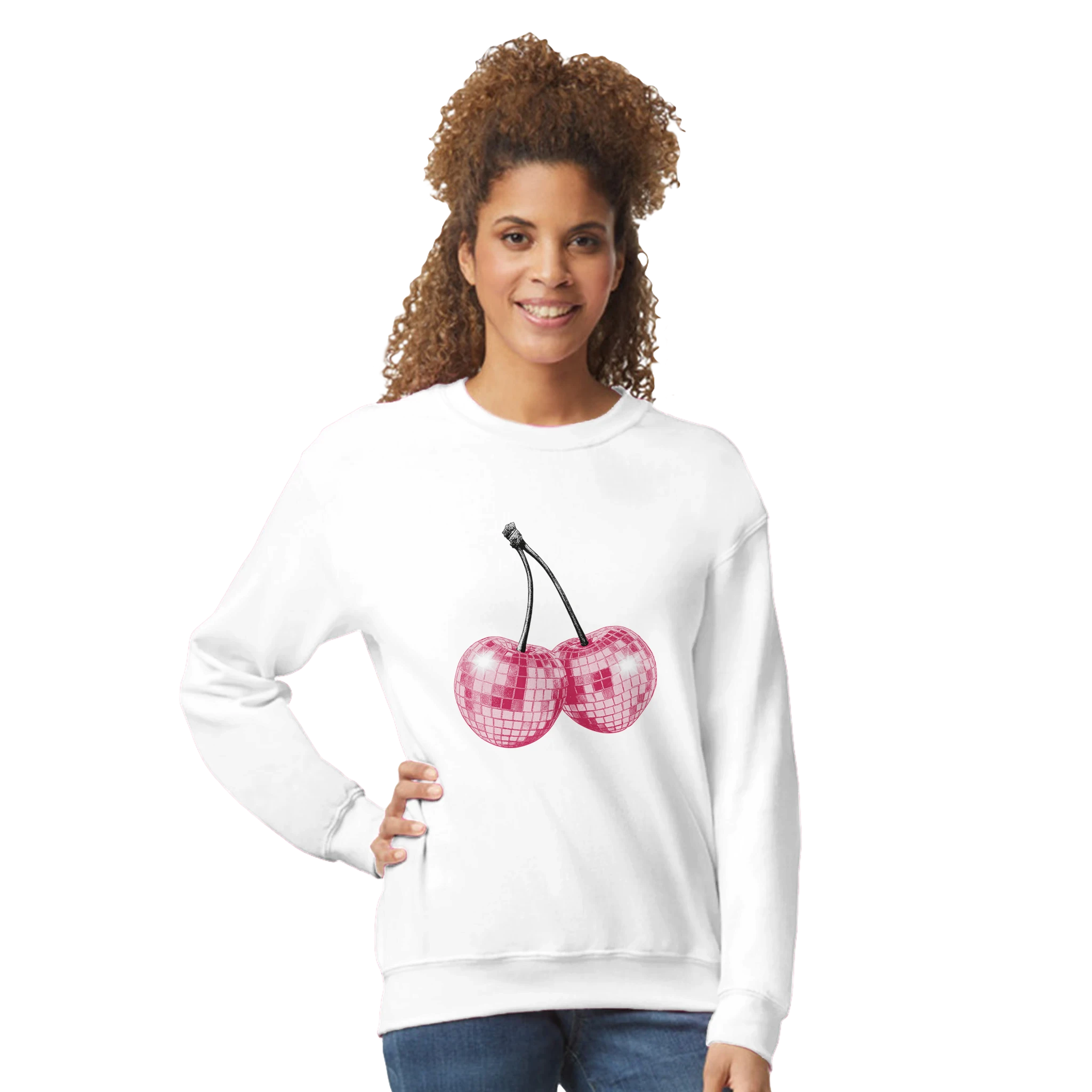 Smiling woman wearing a white pastel Y2K cherries glitter sweatshirt from Urban Palm Trees.