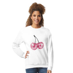 Smiling woman wearing a white pastel Y2K cherries glitter sweatshirt from Urban Palm Trees.