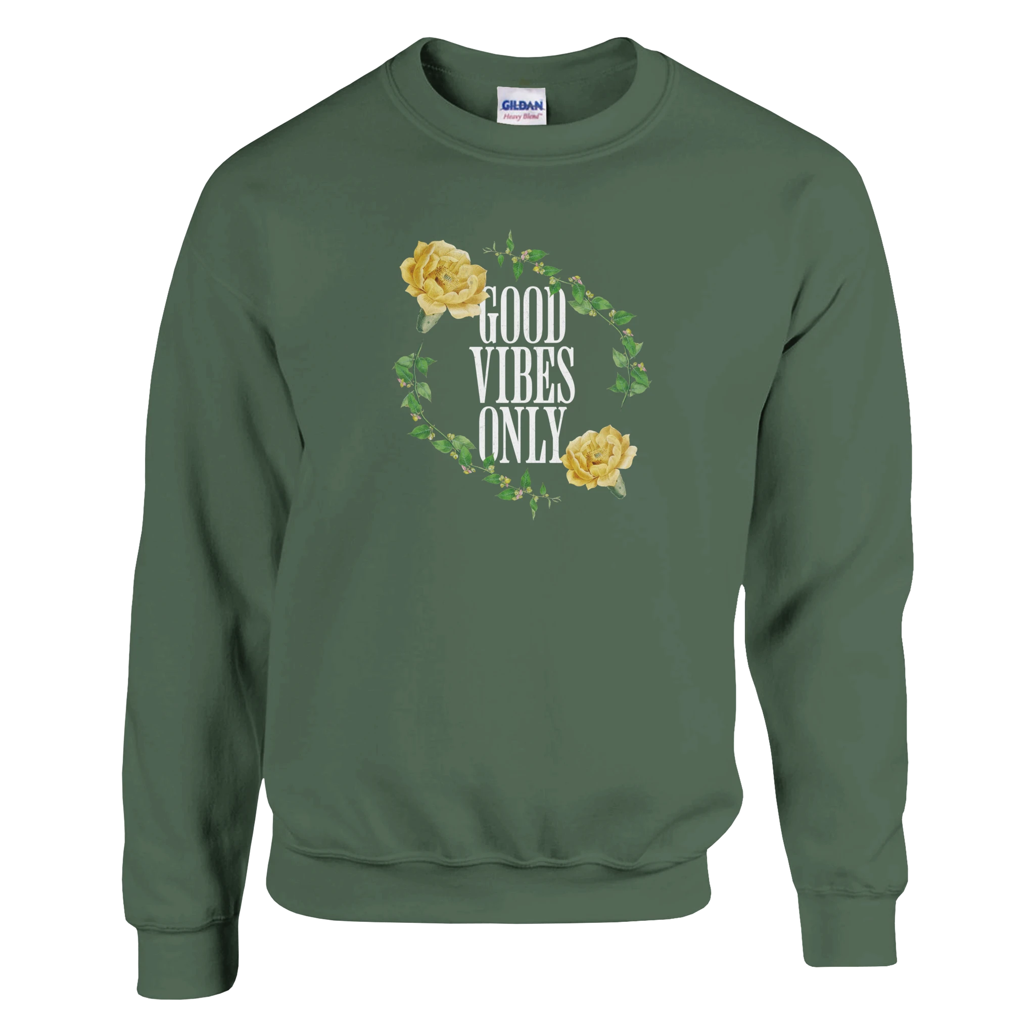 Mental Health Jumper: Women's green 50/50 cotton-poly sweatshirt with a floral 'Good Vibes Only' wreath.