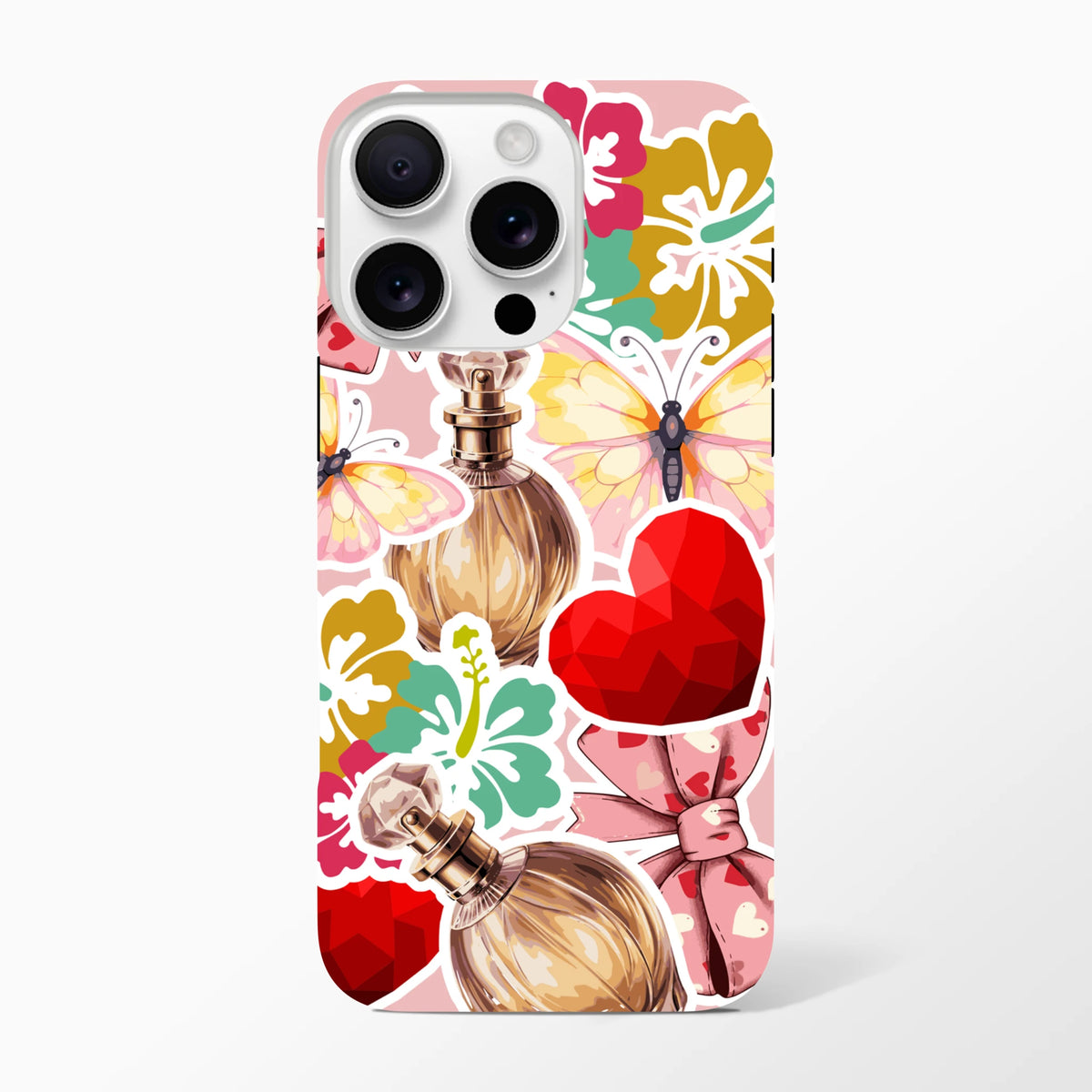 Pink floral iPhone case featuring sticker-style butterfly, perfume bottle, red gem heart, and floral graphics on a tough protective cover.