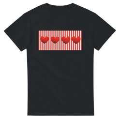 Black women's T-shirt with a red striped panel and three heart shapes graphic.