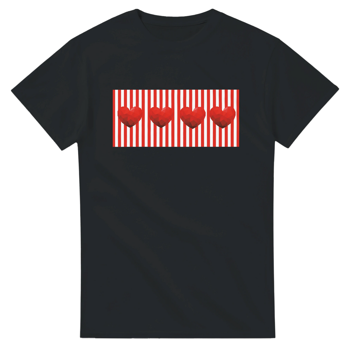 Black women's T-shirt with a red striped panel and three heart shapes graphic.