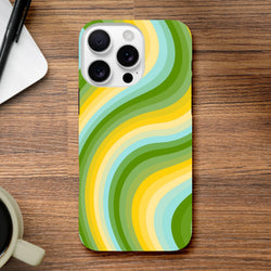 Green and yellow retro wave iPhone case with bold wavy stripes. Y2K aesthetic tough phone cover for streetwear style.
