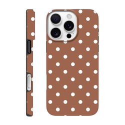 Retro brown and white polka dot tough iPhone case with dual-layer impact resistance and shock-absorbing TPU for iPhone 13-16 Pro Max.