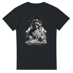 Black t-shirt featuring a monochrome graphic of the Statue of Liberty wearing headphones and mixing on a DJ deck amidst smoke.