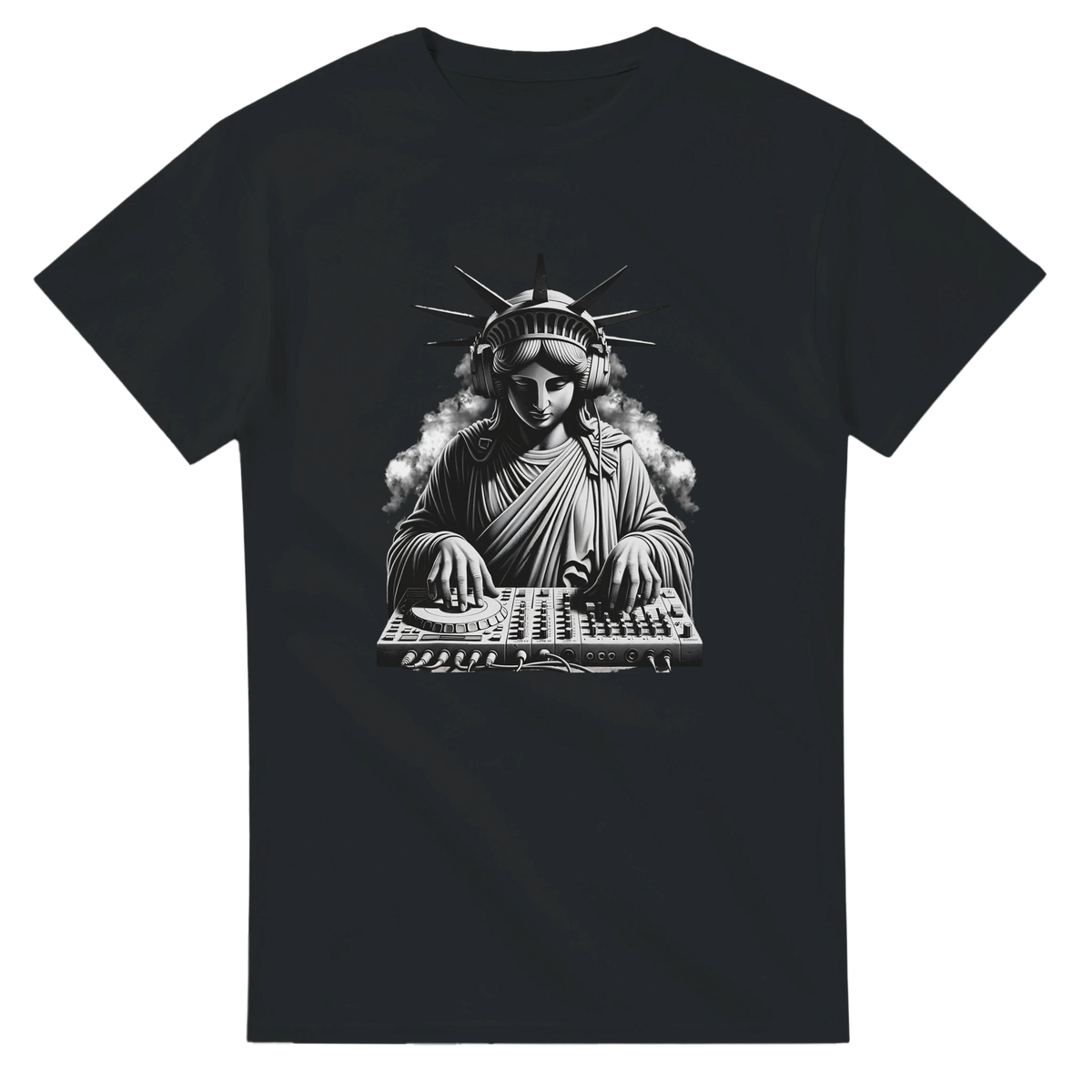 Black t-shirt featuring a monochrome graphic of the Statue of Liberty wearing headphones and mixing on a DJ deck amidst smoke.