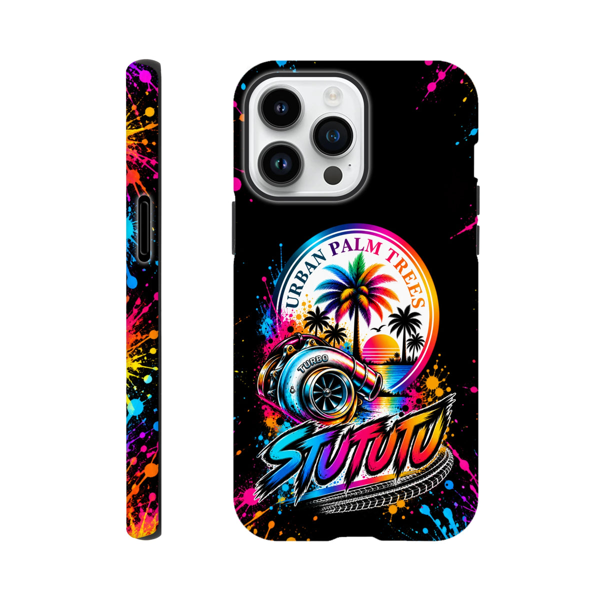 Turbo Petrolhead iPhone case with colorful turbocharger, palm trees, and graffiti art on a black background with paint splatters.