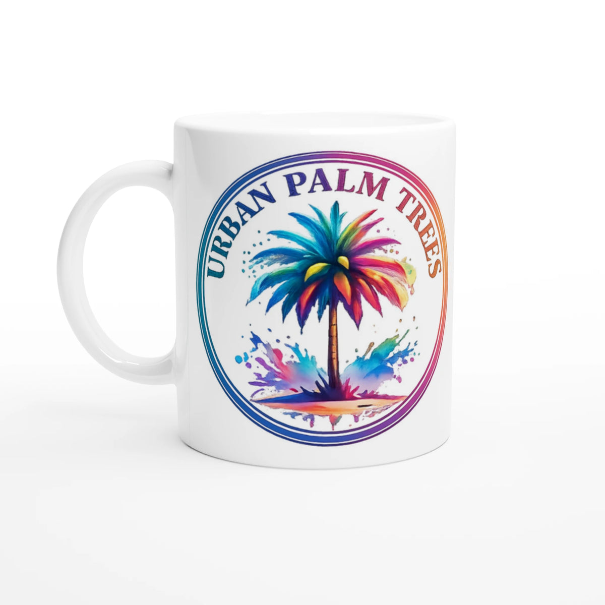 Urban Palm Trees Mug with Y2K aesthetic tropical palm artwork in an oval frame.