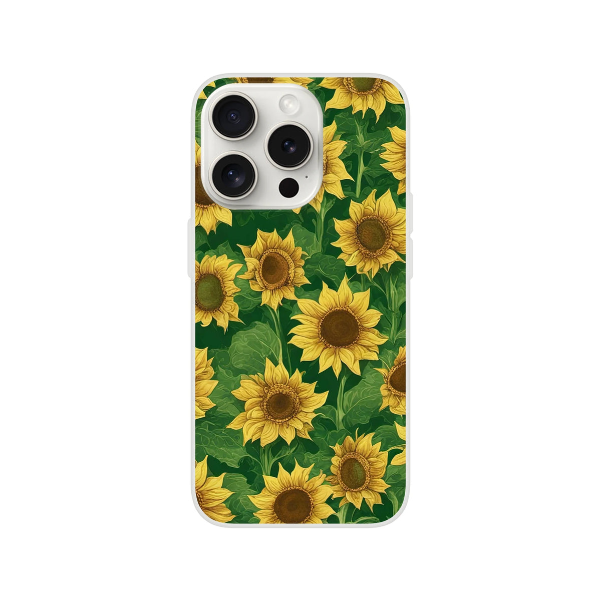 Sunflower iPhone case for 13-16 with botanical yellow blooms on green leaves.
