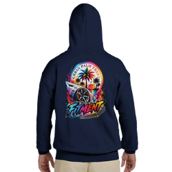 Back view of navy Fitment petrolhead hoodie featuring a colorful graphic of a lowered car, palm trees, and Urban Palm Trees text.