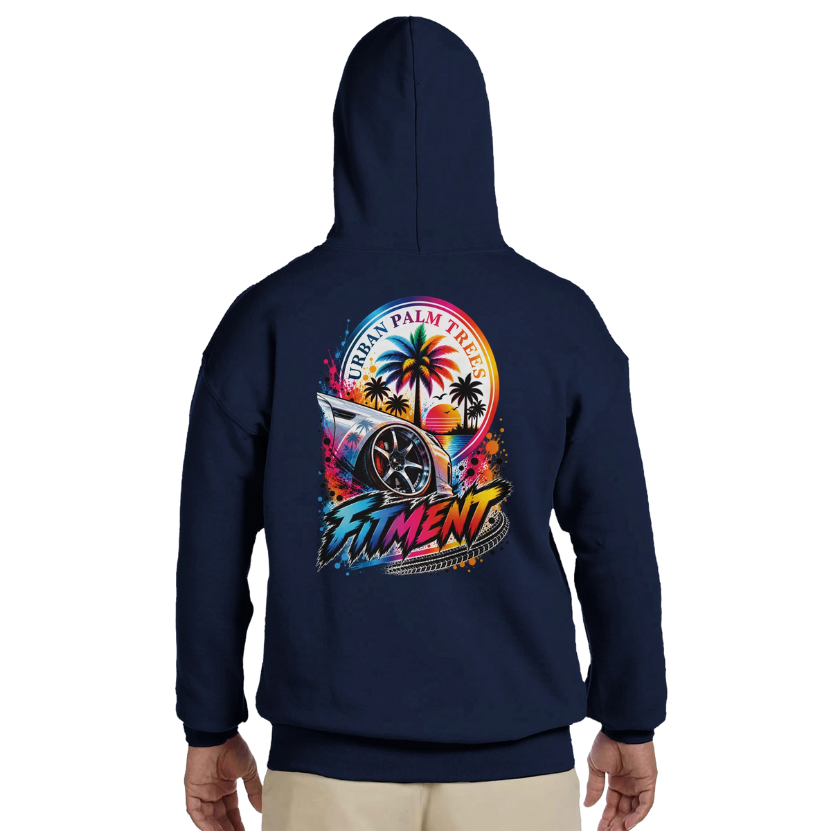 Back view of navy Fitment petrolhead hoodie featuring a colorful graphic of a lowered car, palm trees, and Urban Palm Trees text.