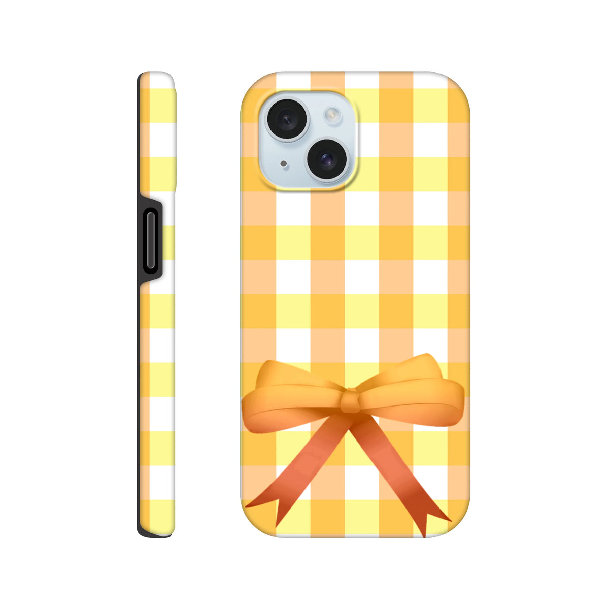 Yellow gingham iPhone case featuring a large orange coquette bow and vintage grid pattern for a bold street style accent.