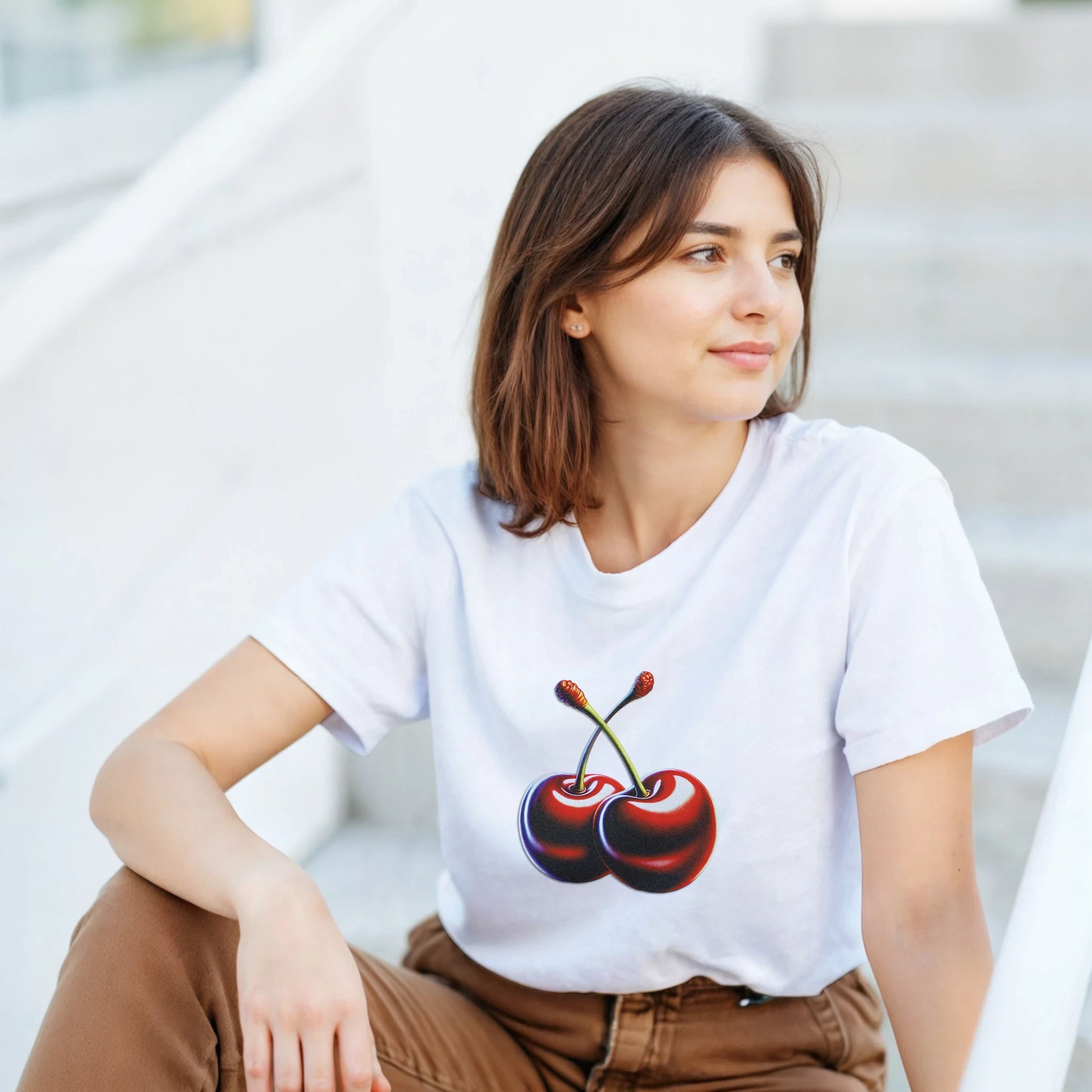 Woman wearing white Cherry T-Shirt with bold cherry graphic; women's graphic tee in soft cotton blend, relaxed fit.