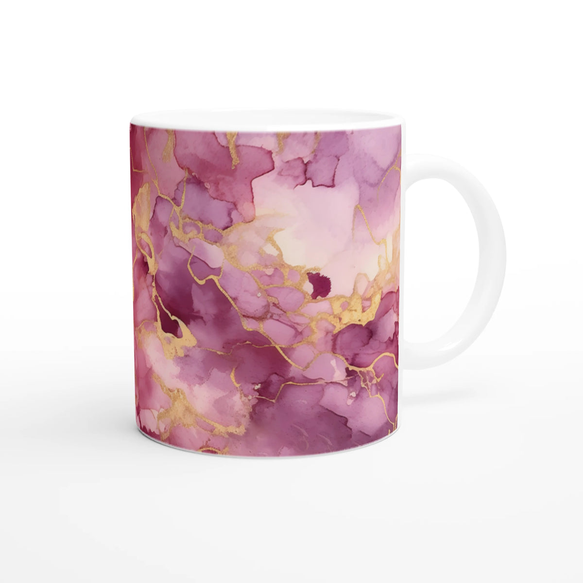 Pink marble ceramic mug with blush rose-gold abstract veins and white handle.